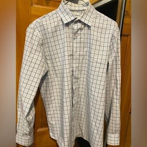 Old navy medium button down.  Light blue with navy stripes.